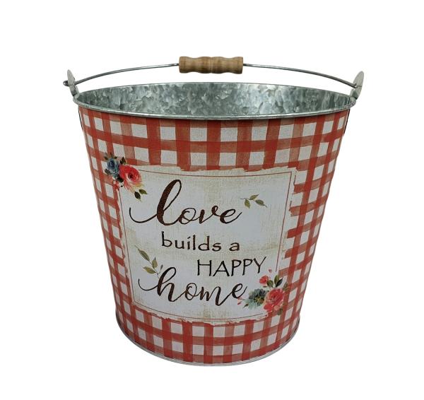 Metall Übertopf mit Tragegriff rot-weiß kariert 20x18cm